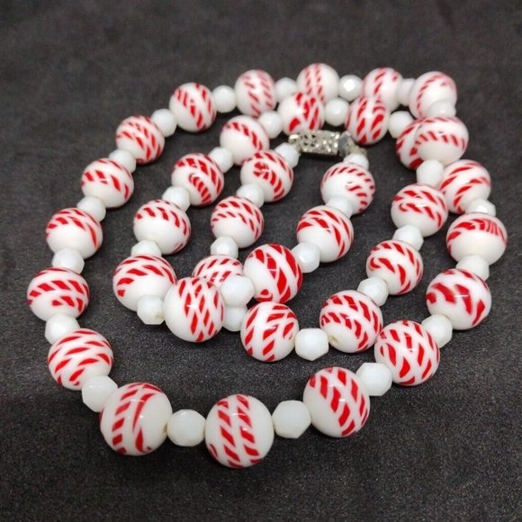 Vintage MCM Red/White Glass Bead 24" Necklace Candy Cane - Picture 1 of 6
